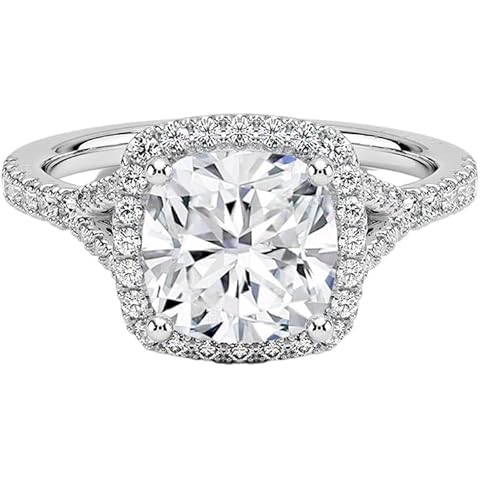 Moissanite Engagement Rings for Women Personalized 1.0 1.5 2.0 CT Cushion Cut Halo Moissanite Promise Ring Platinum Plated Silver Rings with Free Engraving Gift for Her