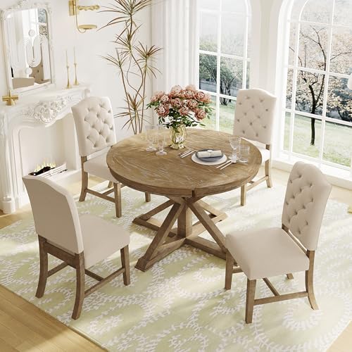 Image of Bellemave Extendable Dining Table Set for 4, 5-Piece Round Table Set with 4 Chairs, Circle Table with Upholstered Chairs, Oval Kitchen Table Set with Extendable Table (Natural Wood Wash)