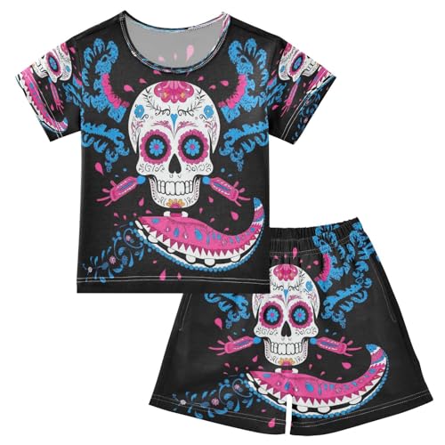 Pajama Sets Short Sleeve Sugar Skull Vibrant Pattern Soft Cotton Summer Sleepwear 2 Piece PJS Size 5-14T