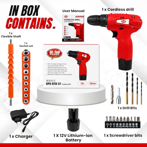 Image of 12V Cordless Drill Driver Home Professional | 24Nm Torque | Cordless ScrewDriver Machine,10mm Chuck | 0-600 RPM | With Drill Kit, 1 Battery & Charger Included 6M Warranty | GPG-BTD-57