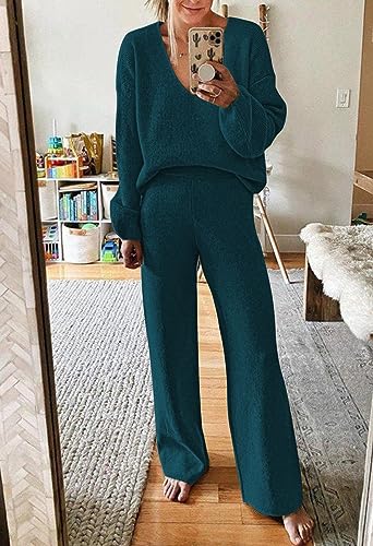Image of Viottiset Women's 2 Piece Outfits Casual V Neck Knit Wide Leg Sweater Lounge Set Sweatsuit
