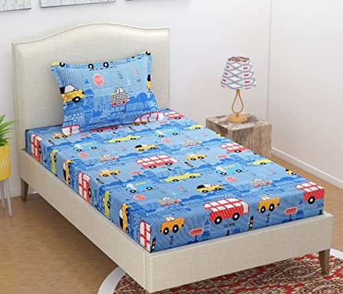 Image of Precsie Fabrics Elastic Fitted Glace Cotton Single Bed (72x48x Upto 6 Inches) Bedsheet for Kids with 1 Pillow Covers-180TC (Blue)