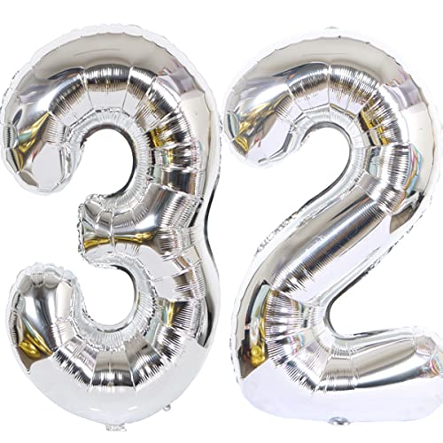 Lot de 2 ballons gonflables en forme de chiffre 32 - Pour anniversaire - XXL - 100 cm - En forme de chiffre 32 - Argenté - Décoration d'anniversaire Cover