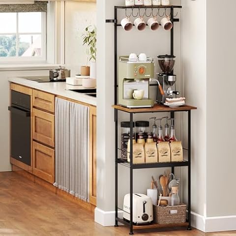 Jakyitvi 4 Tier Coffee Bar Station, Coffee Stand with 8 Hooks Coffee Bar Cabinet for Coffee Accessories Coffee Station for Small Space Kitchen/Living Room/Entrance Cover