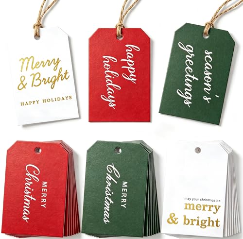 Christmas Gift Tags for Presents- 48 Pcs Beautiful Modern Merry Christmas Name Paper Labels with String Attached Stickers Xmas Holiday Gift Tag Vintage