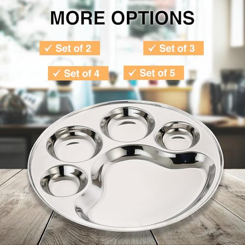 Image of Expresso 5 in1 Five Compartment Divided Plate /Thali /Bhojan Thali /Mess Tray /Dinner Plate Set | Round Shape High Grade Stainless Steel Mirror Finish Partition Plate Set of 1