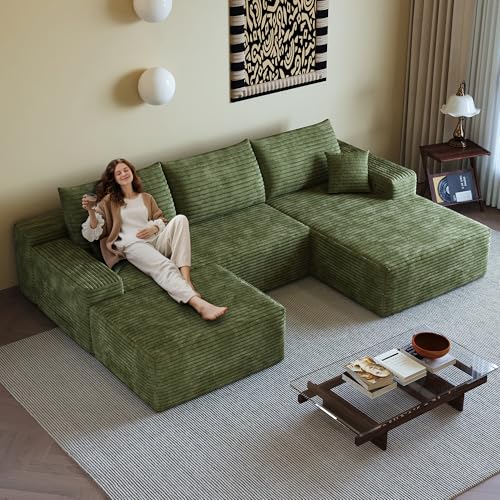 Image of 108 inch Sectional Couches for Living Room Cloud Couch Sofa with L-Shape Upholstered Boneless Couchs Modern Modular Sectional Couch with Chaise (Green, 108 inch Left Facing Chaise+2Seaters+1Ottoman)