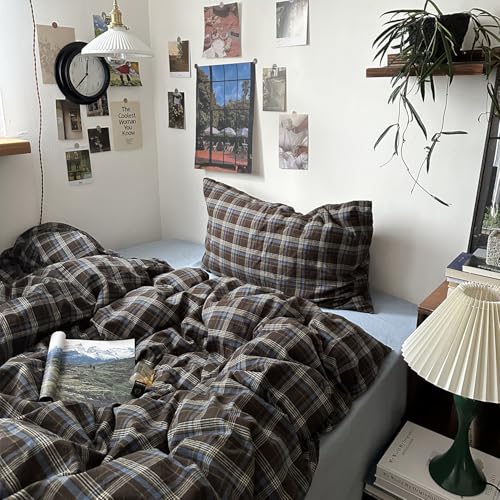 Image of mixinni Vintage Brown & Blue Buffalo Plaid Duvet Cover Set Twin XL Size - 3 Piece Washed Cotton Bedding Set with Grid Pattern, Soft & Breathable Duvet Cover with Pillowcases for Boys, Men& Women