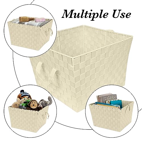 Image of Simplify Large Woven Strap Tote | Decorative Storage Basket | 2 Handles | Organization | Closet | Bedroom | Bathroom | Nursery | Accessories | Toys | Gifts | 4 Pack | Ivory