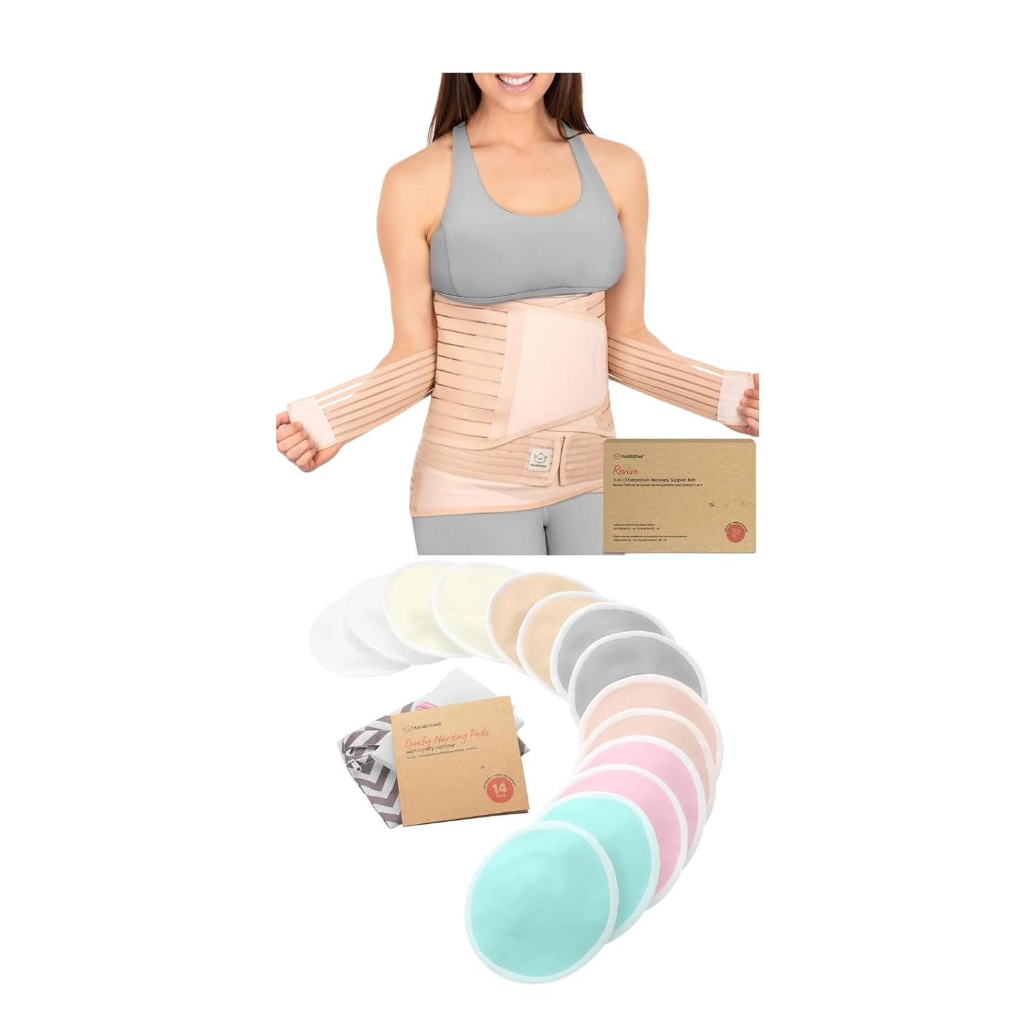 KeaBabies 3 in 1 Postpartum Belly Support Recovery Wrap and Reusable Nursing Pads - Postpartum Belly Band - 14 Washable Breastfeeding Pads + Wash Bag, Nipple Cover, Breastfeeding Essentials