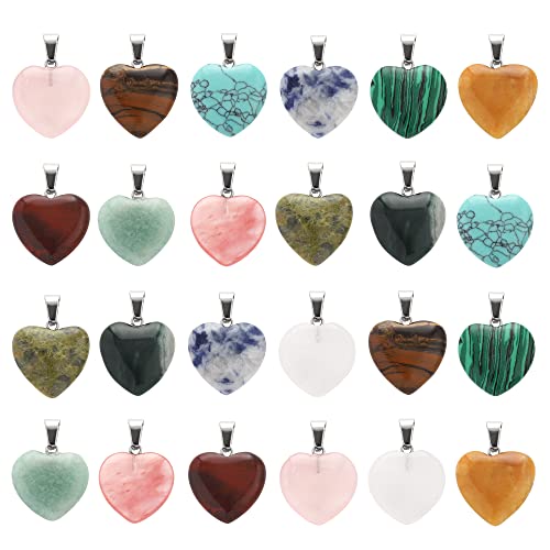 Lezam 24 Pieces Healing Crystal Heart Shaped Pendants Necklace Charms for DIY Jewelry Making Natural...