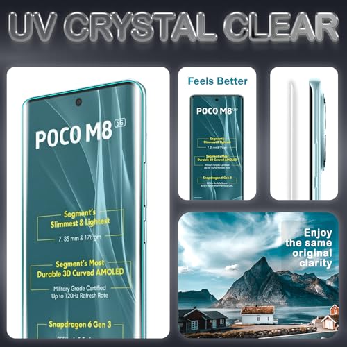 Image of FIRST MART UV Tempered Glass for Poco M8 - Pack of 2, 9H Full-Glue Curved Screen Protectors, HD Clear, Fingerprint Compatible, 2 Complete UV Installation Kits