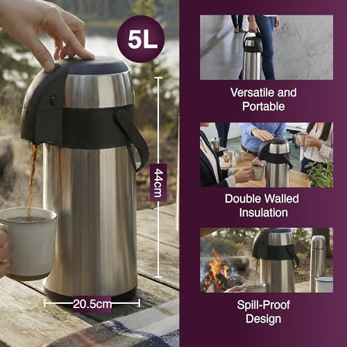 andrew james Airpot Insulated Drink Dispenser, Hot Water Dispenser, Stainless Steel Double-Walled Thermos Flask, Hot Drink Dispenser for Home, Office & Events, Large Coffee Flask - 7