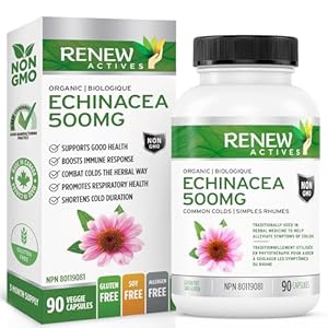 RENEW ACTIVES ORGANIC ECHINACEA (10:1) – High-Potency Herbal Supplement for Respiratory Health, Non-GMO, Easy-to-Swallow – Helps Relieve Cold Symptoms – Made in Canada – 90 Veggie Capsules