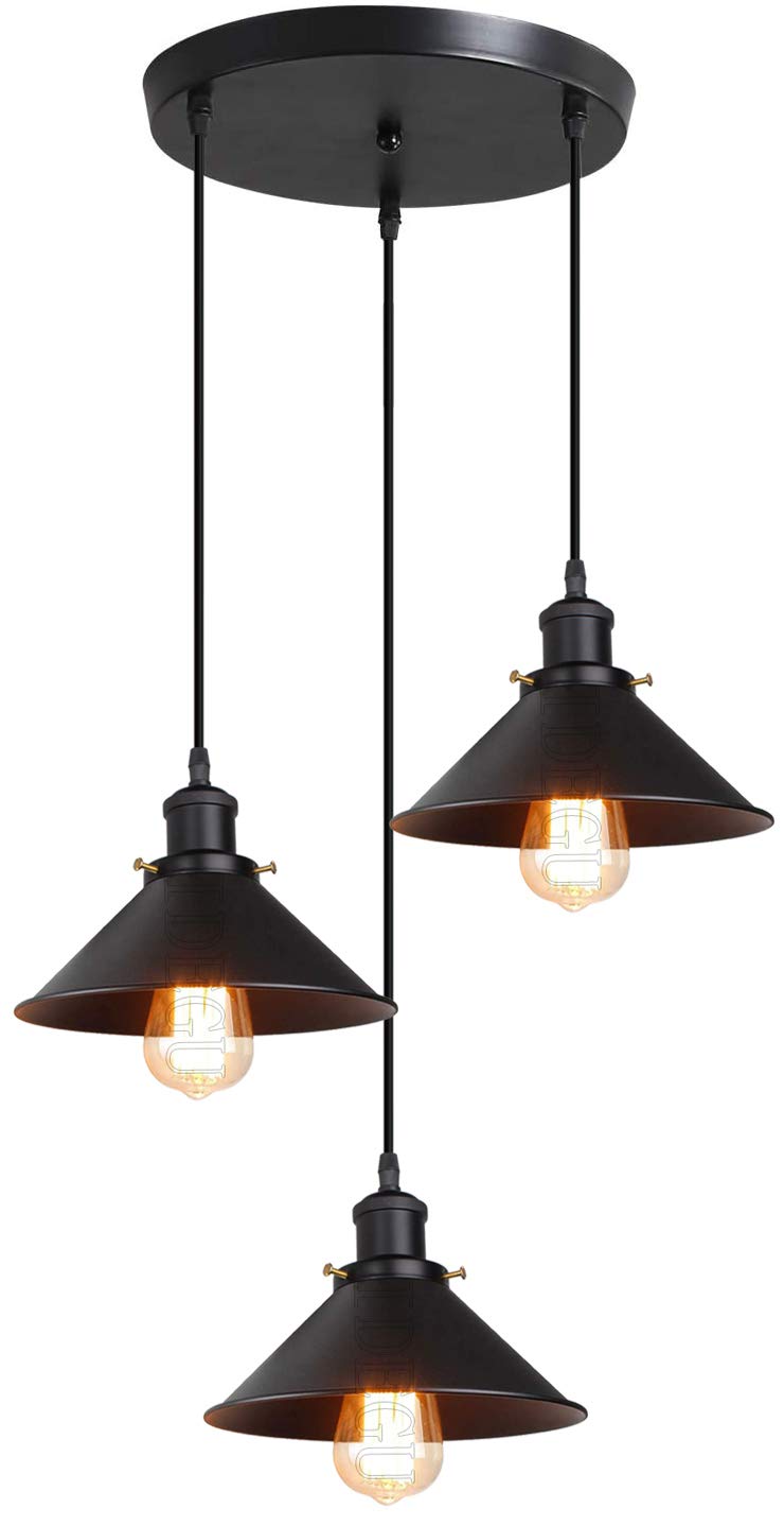 AONELAS iDEGU Hängeleuchte, Industrielle Hängeleuchte, Kronleuchter, Design Edison Metall, Kronleuchter, Durchmesser 220 mm, Schwarz, 3 Lampen, matt Schwarz Fassung – Kreis Basis