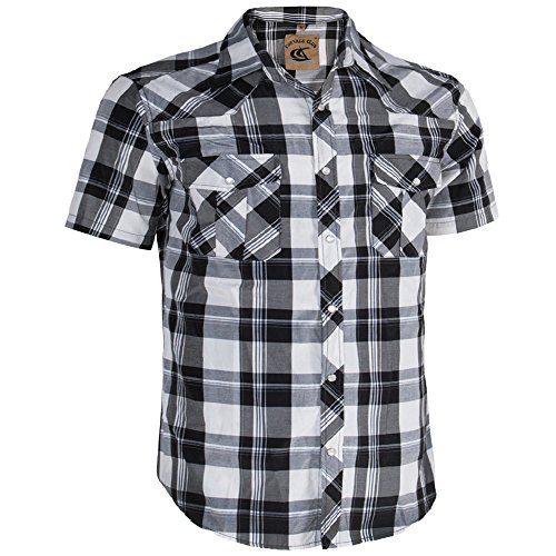 COEVALS CLUB Men's Casual Plaid Pearl Button Snap Front Short Sleeve Shirt Regular Fit (White/Black #16, S)
