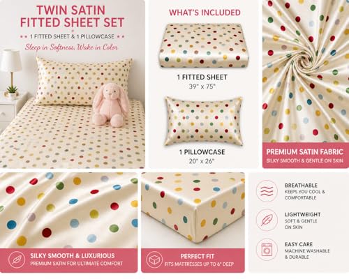 Image of Satin Twin Fitted Sheet Set, Polkadots Bedding, Silky Soft, Deep Pocket Fitted Sheet (39 inch x 75 inch) with 1 Pillowcase (20 inch x 26 inch), Lightweight Breathable Satin Sheets for Kids & Adults