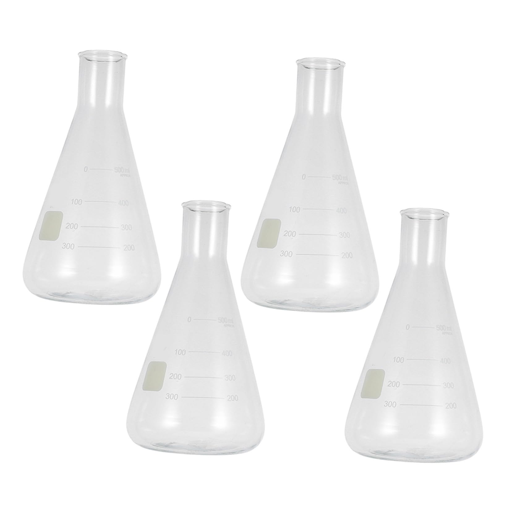 VALICLUD Flacon Conique en Verre Borosilicate Haute Résistance 500ml, Lot de 4 Pièces, Fioles de Laboratoire Épaisses pour Outils D'expérimentation Scolaire et Usage Scientifique