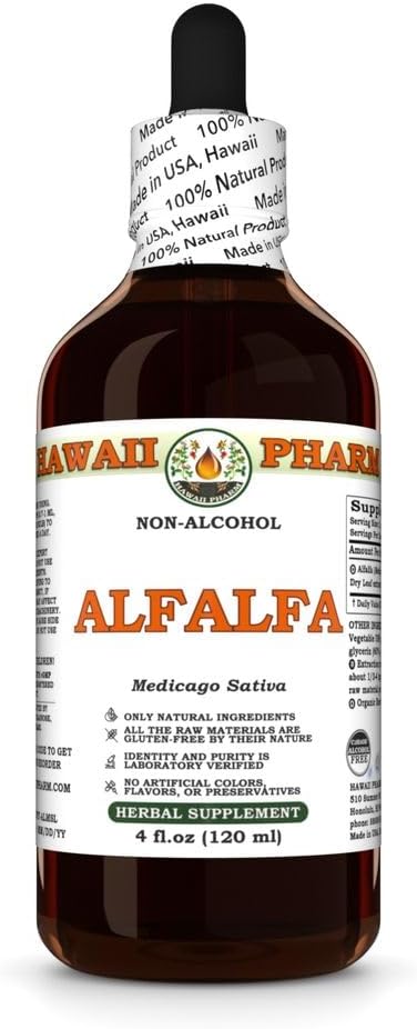 Alfalfa (Medicago Sativa) Dry Leaf Glycerite, Made in Hawaii, Raw Materials, All Natural, Vegan, Lab Tested Alcohol-Free Liquid Extract - 4 fl.oz