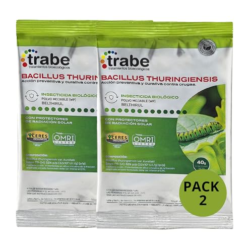 TRABE Pack 2 Bacillus Thuringiensis 40g | Protección contra Orugas Ecológico | Protege Todo Tipo de Cultivos y Plantas de Plagas | Respeta Animales, Medio Ambiente y Personas