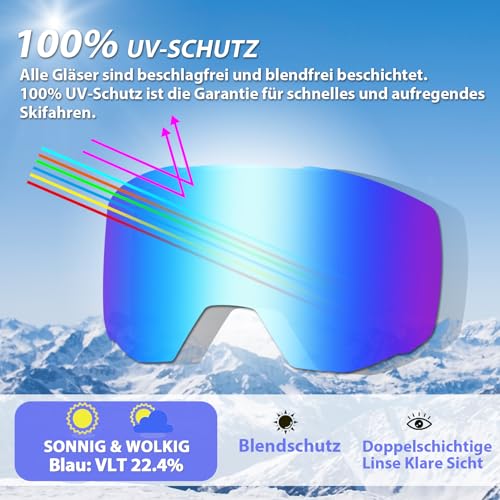 Foto von EXP VISION Skibrille für Damen und Herren, Snowboard Brille Schneebrille OTG 100% UV-Schutz Skibrille für brillenträger, Anti-Nebel Snowboard Brille Ski Goggles (Blau)