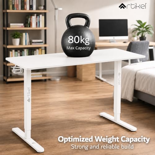 Image of ARTIKEL Manova Height Adjustable Table for Office Work | Manual Adjustable Desk with Hand Crank | Ergonomic Table for Home | 80Kg Wt Lift | Cup Holder, 2 Headphone Hook (White, 140 * 60cm)
