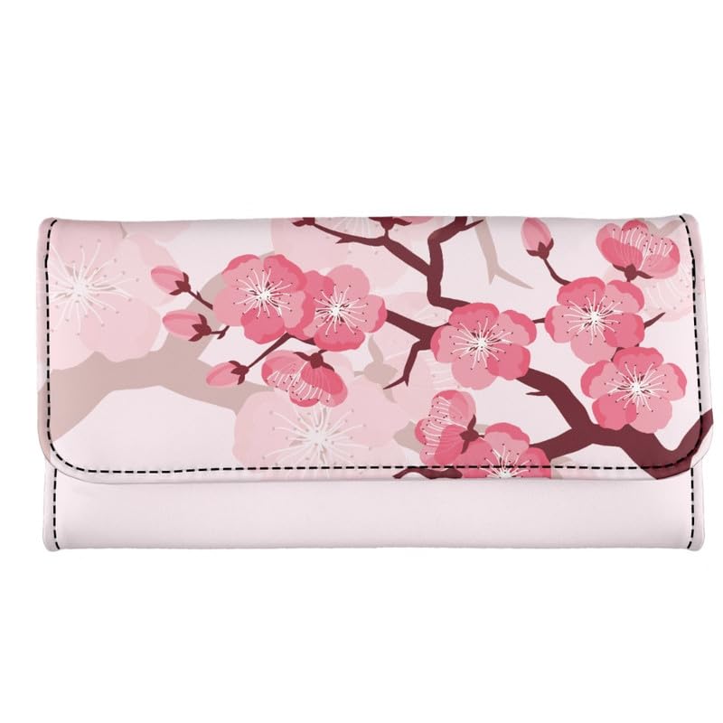 Jolamirel Cherry Blossom Pink Women Wallet Cartoon Peach Blossom PU Leather Trifold Large Money Manager Pink Flower Women's Long Trifold Wallet Leather Card Holder Purse