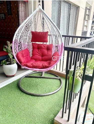 Image of Single Seater Swing Chair with Stand and Cushion Hammock Swing for Adult Outdoor Indoor Garden Living Room Balcony Hanging Chair (Pink & White)