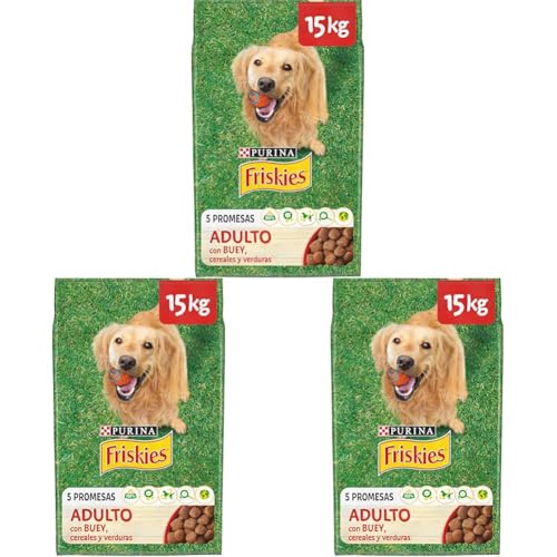 PURINA FRISKIES Crocchette Cane Adulto con Manzo, Cereali e Verdure Aggiunte, 15 kg (Confezione da 3)