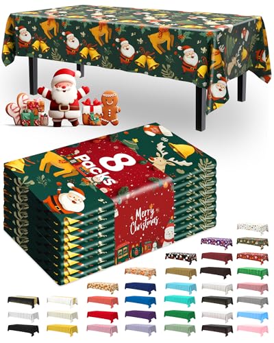 Pureegg Plastic Table Cloth Disposable 8 Pack, 54 x 108 Inch Rectangle Tablecloths, Sturdy Leakproof Plastic Covers for Party, Picnic, Wedding, Winter & Xmas Decoration, Christmas Green