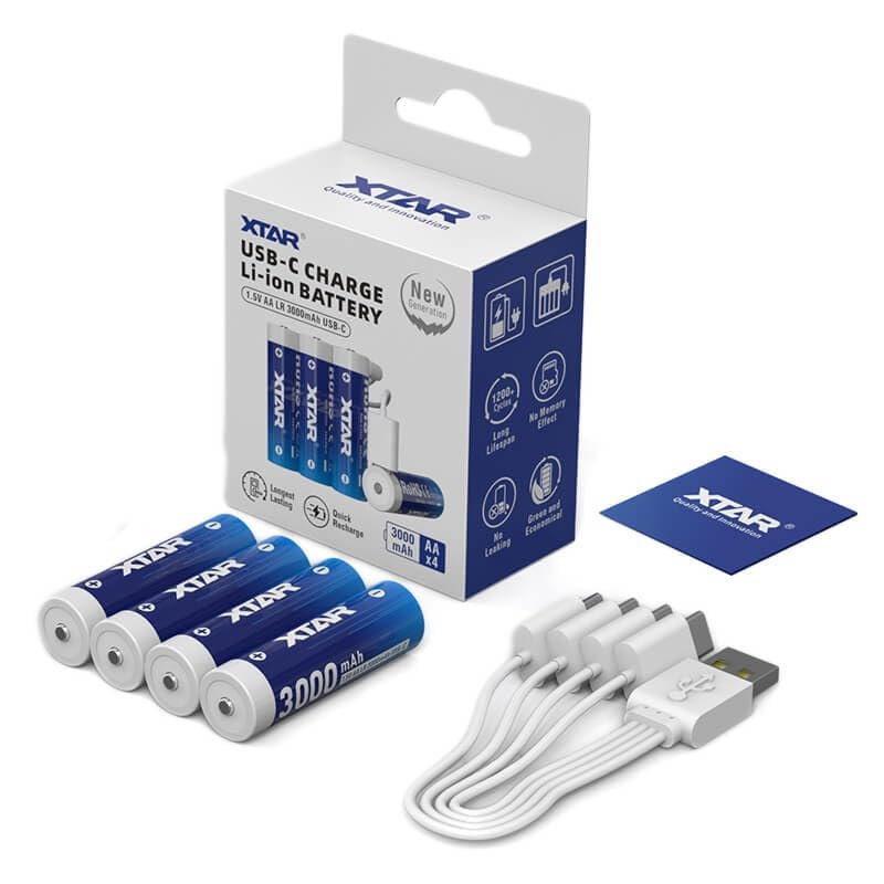 XTAR Piles AA Rechargeables USB-C 1,5V 3000mAh Lithium-ION – Batterie Longue Durée pour Serrures Connectées, Courbe de Décharge Linéaire LR 3000