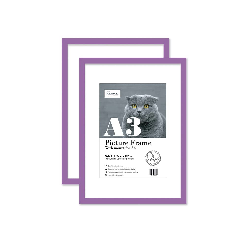 Almost Frameless A3 Purple Picture Frame Set of 2, Display A4 Pictures with Mount or A5 Without Mount Gallery Wall, Poster, Photo, Artwork, or Print, Purple