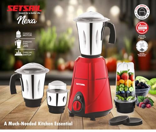 Image of SETSAIL Mixer Juicer Grinder with 4 Jars Nutri bullet for Smoothie Maker Attachment 600 Watt Stainless Steel Blades for Wet and Dry Grinding & Blending Kitchen Tool (Red) 1 Year Warranty