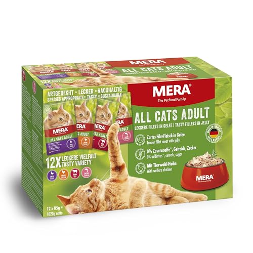 MERA Cats Adult Nassfutter Multibox, für ausgewachsene Katzen, getreidefrei und nachhaltig, Katzenfutter mit hohem Fleischanteil aus Huhn, Rind, Ente und Lachs, 12 x 85 g