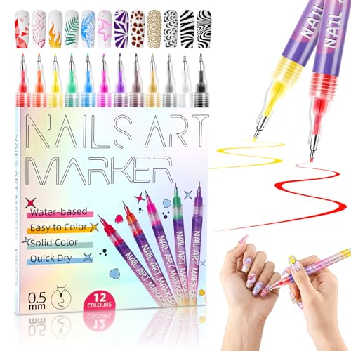 Set de 12 Stylos Nail Art, Nail Art Marker Acrylique à Pointe Fine 0,5 mm, Stylo Vernis à Ongles DIY à Séchage Rapide pour Liner, Dotting et Graffiti, Kit...