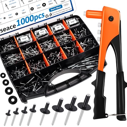 smseace 1000Pcs Pop Rivet Gun Kit Black Pop Rivets, Large Flange Rivets, Washers and Rivets Gun Tool for Metal,Furniture,Automotive,Instruments Packed in Portable Toolbox with Color Label