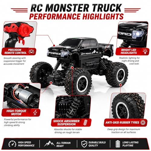 Image of Big Size Rock Crawler Rc 4x4 Car Monster Truck Toy for Boys Girls Kids, Off-Road Vehicle with LED Headlights & Music, Dual Mist Fog Spray Function, Anti-Skid Rubber Tires, Birthday Gift BLACK6121
