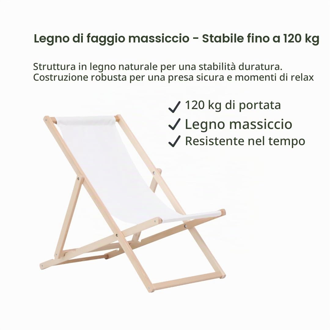 BAS Sedia a sdraio pieghevole in legno, lettino prendisole da spiaggia e giardino, sdraio da esterno senza braccioli – 2 pezzi, Bianco