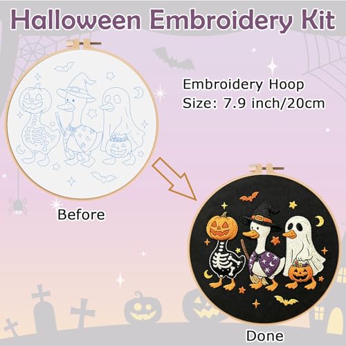 Image of Nuberlic Halloween Embroidery Kit for Beginners Adults DIY Needlepoint | Complete Halloween Embroidery Kit With Cute Ghost, Pumpkin And Duck Design For Handmade Decor, Relaxing Needlework And Gifts.