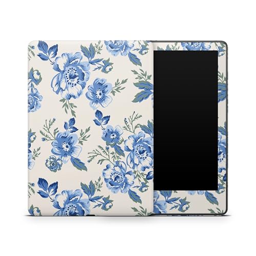 ZOOMHITSKINS Glitter Kindle Skin Compatible with Kindle Paperwhite Gen 12 (2024), Finest Blooms Bouquet Ancient Tender Dreamy Baby Blue Azure Easy Bubble-Free 3M Vinyl Decal, Made in The USA