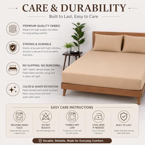 Image of Blue Strip Fitted Bedsheet with 2 Pillow Covers, Beige, 72x78 Inch, 360 Elastic, Fits Double, Queen & King Beds up to 8 inch Deep
