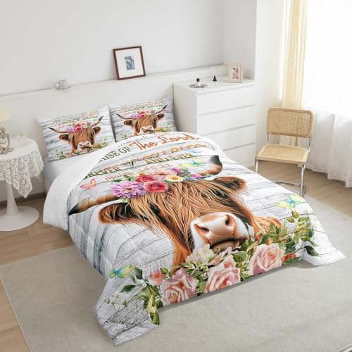 Image of Feelyou Highland Cow Comforter Set Rose Highland Cattle Bedding Set for Kids Boys Girls Bull Cattle Comforter Botanical Floral Quilt Set 1 Comforter Set with 2 Pillowcases Queen Size