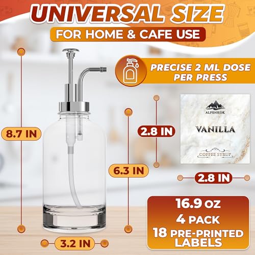 Image of Set of 4 Glass Syrup Bottle with Pump 16.9oz 500 ml - Thick Glass Syrup Dispenser for Coffee Bar with 18 Marked Labels, Leak-Proof, Easy Cleaning - Coffee Station Accessories for Home (Silver Pumps)