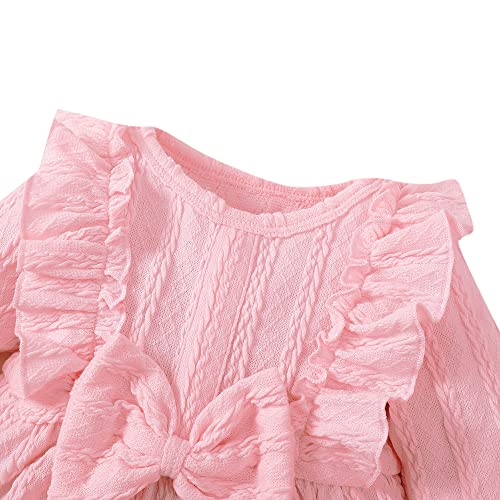 Image of Hopscotch Girls Polyester and Spandex Bow Applique Full-Sleeve Casual Dress with Headband in Pink Color