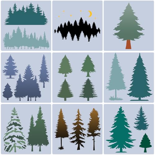 GORGECRAFT 9Pcs Christmas Tree Plastic Stencil Pine Drawing Template Winter Holiday Fir Trees Woodland Painting Templates for DIY Art Crafts Furniture Canvas Wood Home Decoration 19.8x19.9cm