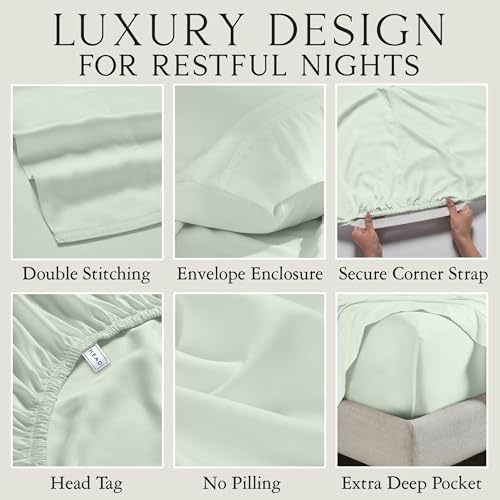 Image of KARISSA MAE Luxury Bamboo Viscose King Size Sheet Set | FSC Certified | Cooling | Ultra Soft | 18 inch Deep Pockets | Elastic Corner Straps | Includes Organizer Band [Sea Glass]