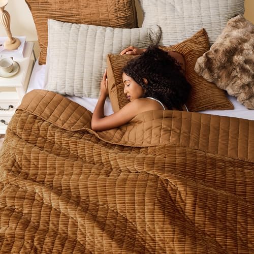 Image of Wonderful Corduroy Texture Caramel Quilt Set Queen - Hypoallergenic Skin-Friendly Soft Plush Velvety Touch Bedspread, Classic Vertical Striped Lightweight Coverlet for All Season, 94 inchx94 inch