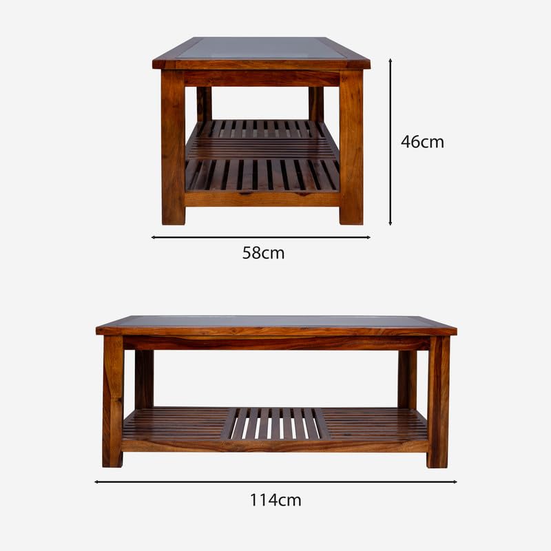 Image of Sheesham Wood Coffee Table with Storage Wooden Tea Table with Glass Top for Living Room Home Office Furniture Solid Wood Teapoy (Honey Finish) Size- 58D*114W*46H CM
