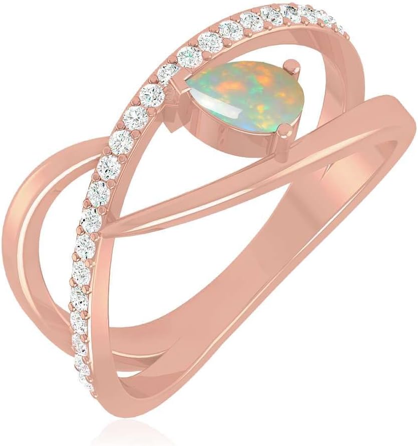 Opal Ring for Women in 14K Gold or 925 Sterling Silver – Natural Opal with Diamond Accents – Crisscross Band Ring – October Birthstone Gift Jewelry