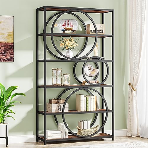 Image of Tribesigns 5-Tier Bookshelf, 71 inch H Industrial Book Shelf Large Bookcases and Bookshelves with Chic Circular Design, Tall Open Shelf Storage Rack for Home Office Living Room, Rustic Brown